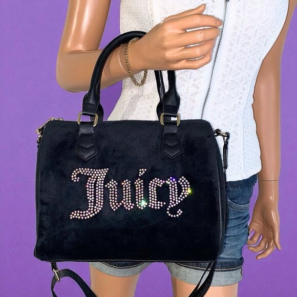 Juicy Couture Black Velvet with Iridescent Rhinestones Obsession Satchel Bag NWT - Picture 6 of 11